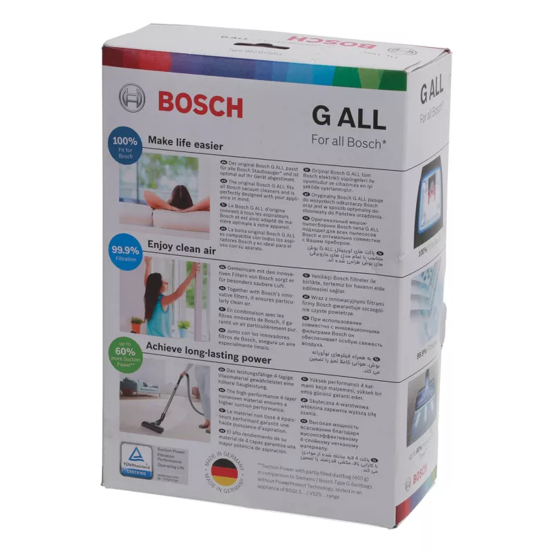 Tolmuimeja tarvik Bosch BBZ 41FGALL — 4 tolmukotti ja 1 filter, kaal 0,14 kg, kompaktne pakend