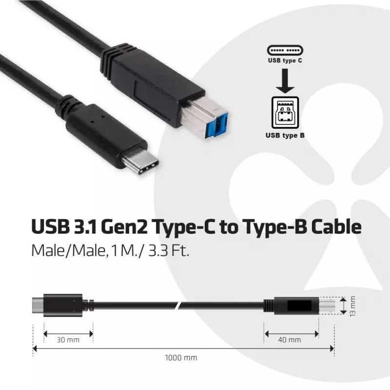 CLUB3D USB 3.1 Gen2 Type-C kuni Type-B kaabel isane/isane, 1 M./ 3.3 Ft.
