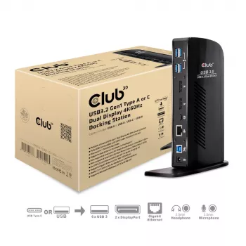 CLUB3D USB3.2 Gen1 Type A või C kahe ekraaniga 4K60Hz dokkimisjaam DisplayLink® sertifikaadiga