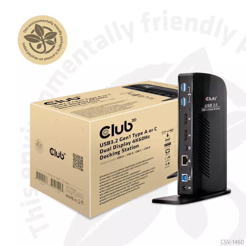 CLUB3D USB3.2 Gen1 Type A või C kahe ekraaniga 4K60Hz dokkimisjaam DisplayLink® sertifikaadiga