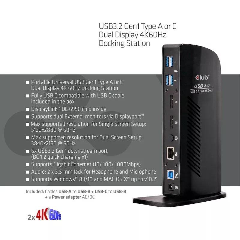 CLUB3D USB3.2 Gen1 Type A või C kahe ekraaniga 4K60Hz dokkimisjaam DisplayLink® sertifikaadiga