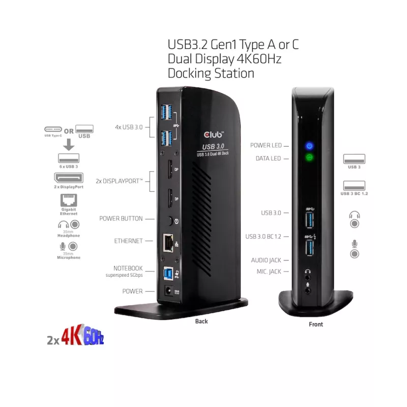 CLUB3D USB3.2 Gen1 Type A või C kahe ekraaniga 4K60Hz dokkimisjaam DisplayLink® sertifikaadiga