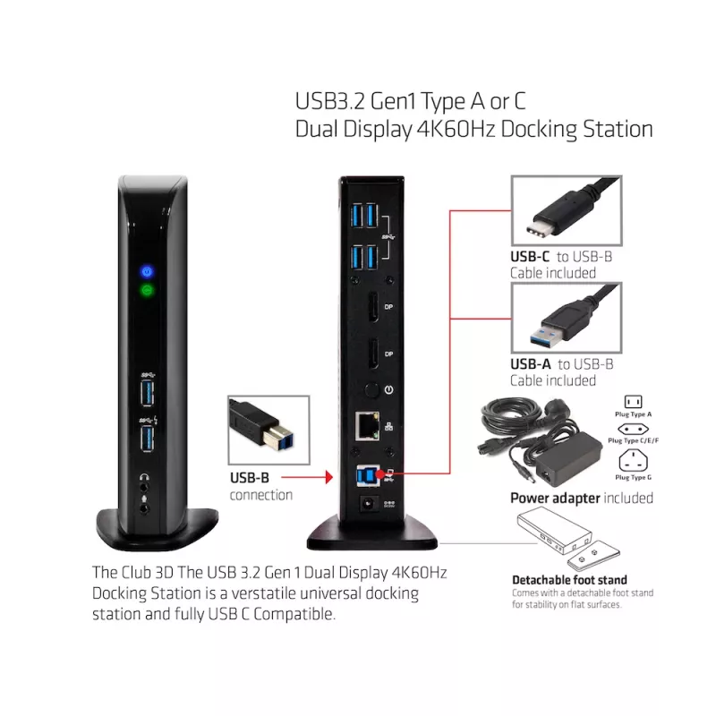 CLUB3D USB3.2 Gen1 Type A või C kahe ekraaniga 4K60Hz dokkimisjaam DisplayLink® sertifikaadiga