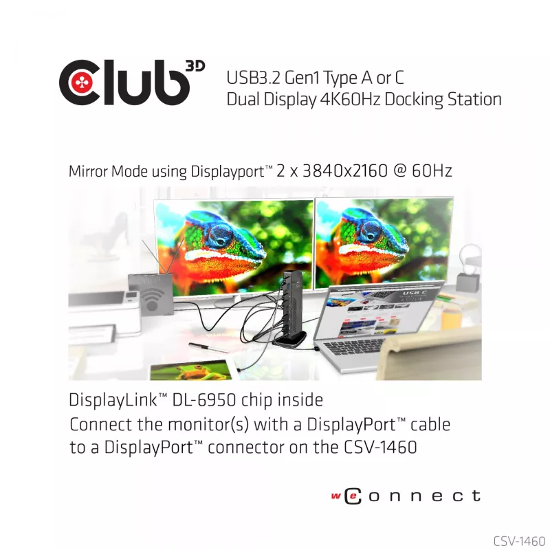 CLUB3D USB3.2 Gen1 Type A või C kahe ekraaniga 4K60Hz dokkimisjaam DisplayLink® sertifikaadiga