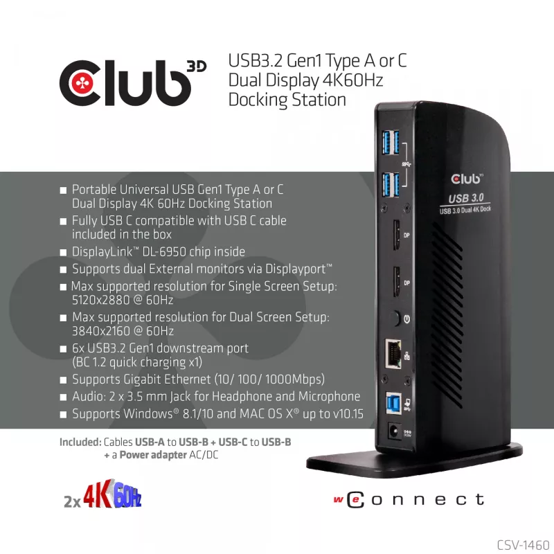 CLUB3D USB3.2 Gen1 Type A või C kahe ekraaniga 4K60Hz dokkimisjaam DisplayLink® sertifikaadiga