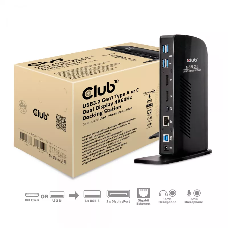 CLUB3D USB3.2 Gen1 Type A või C kahe ekraaniga 4K60Hz dokkimisjaam DisplayLink® sertifikaadiga