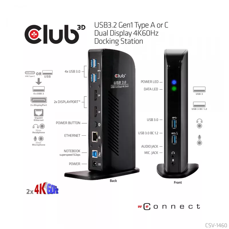 CLUB3D USB3.2 Gen1 Type A või C kahe ekraaniga 4K60Hz dokkimisjaam DisplayLink® sertifikaadiga