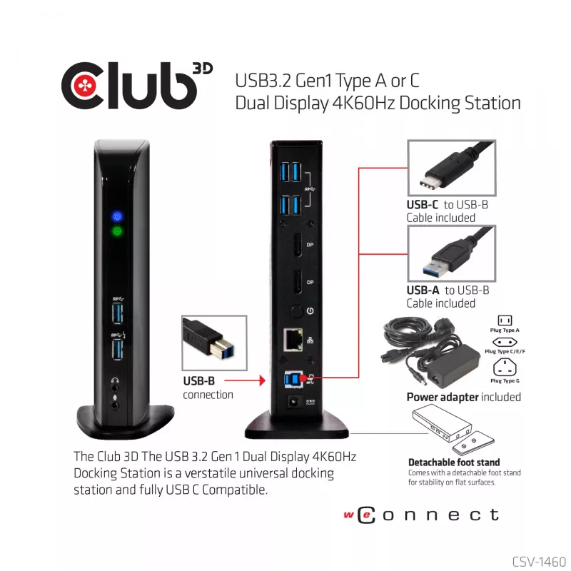 CLUB3D USB3.2 Gen1 Type A või C kahe ekraaniga 4K60Hz dokkimisjaam DisplayLink® sertifikaadiga