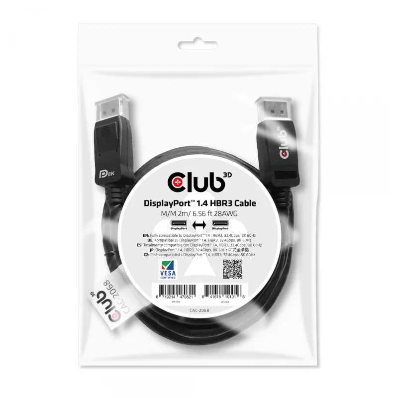 CLUB3D DisplayPort 1.4 HBR3 kaabel 2m/6.56ft M/M 8K60Hz