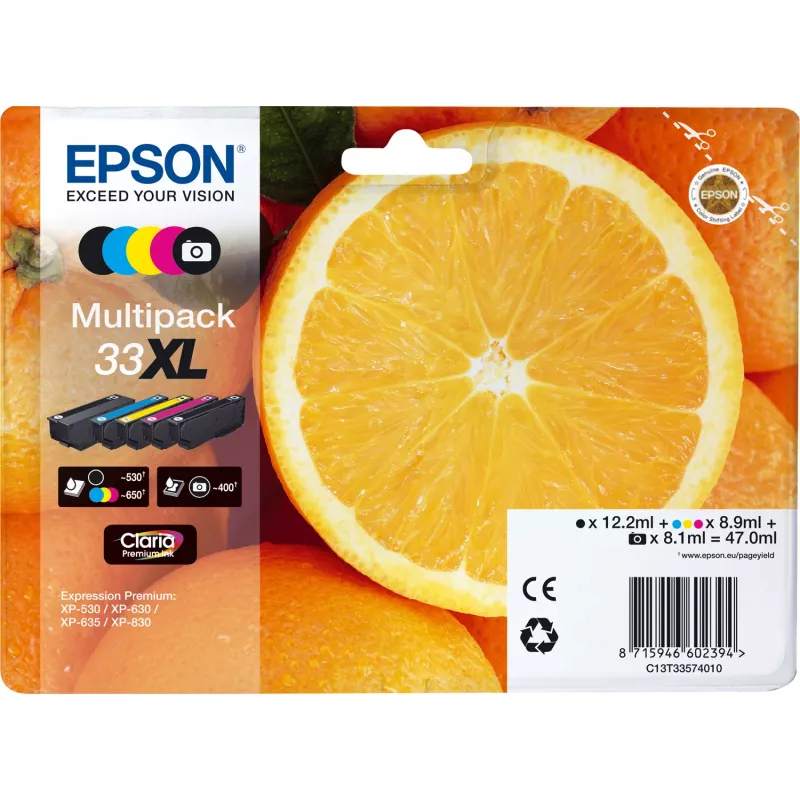Epson Oranges Multipack 5 värvi 33XL Claria Premium tint, suur (XL) tootlus, must, fotomust, tsüaan, magenta, kollane, pigmenttint, värvipõhine tint, 12.2 ml, 8.9 ml