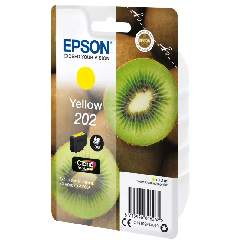 Epson Kiwi üksikpakendis kollane 202 Claria Premium tint, standardmahutavus, kollane, pigmendipõhine tint, 4,1 ml, 1 tk, 300 lehekülge