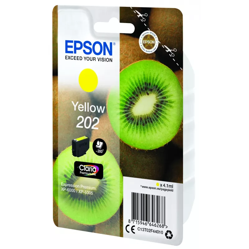Epson Kiwi üksikpakendis kollane 202 Claria Premium tint, standardmahutavus, kollane, pigmendipõhine tint, 4,1 ml, 1 tk, 300 lehekülge
