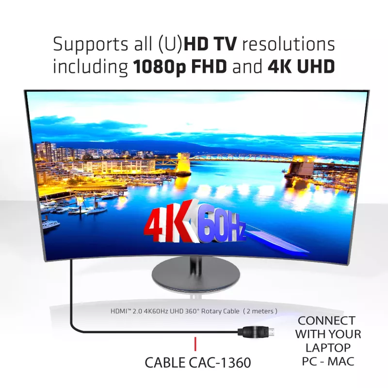 CLUB3D HDMI 2.0 4K60Hz UHD 360 kraadi pööratav kaabel 2m/6.74ft