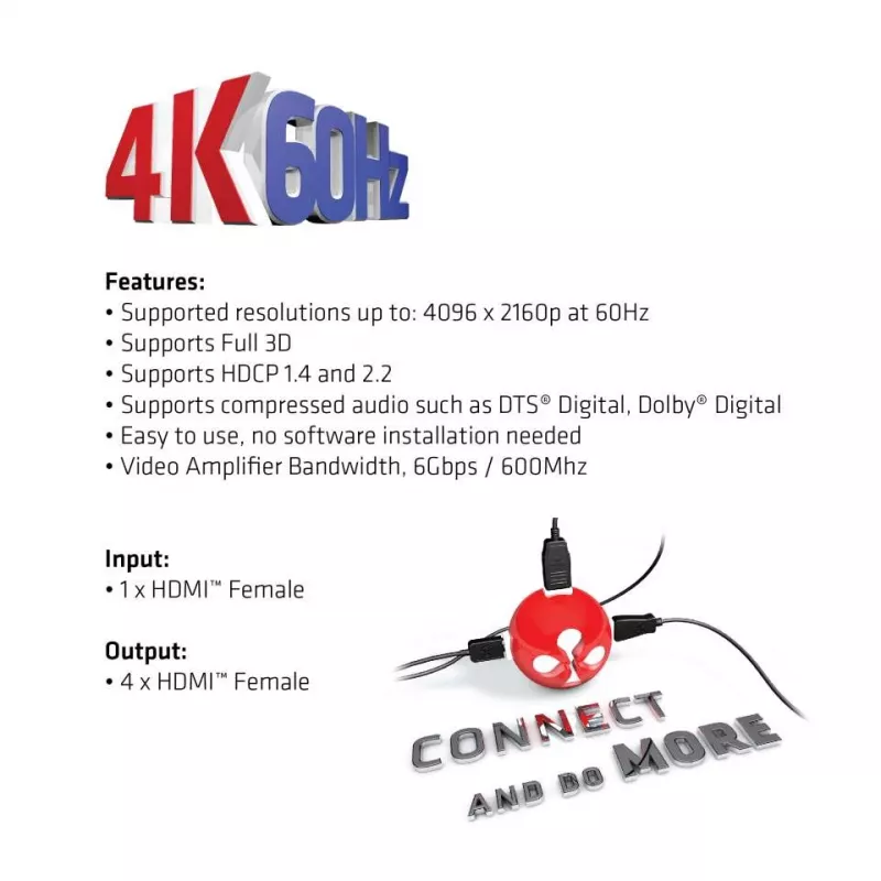 CLUB3D HDMI™ 4K@60Hz UHD Splitter AC Toitega 4 porti