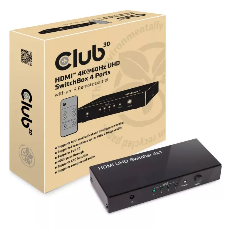 CLUB3D HDMI™ 2.0 UHD 4K60Hz SwitchBox 4 porti ja kaugjuhtimispuldiga
