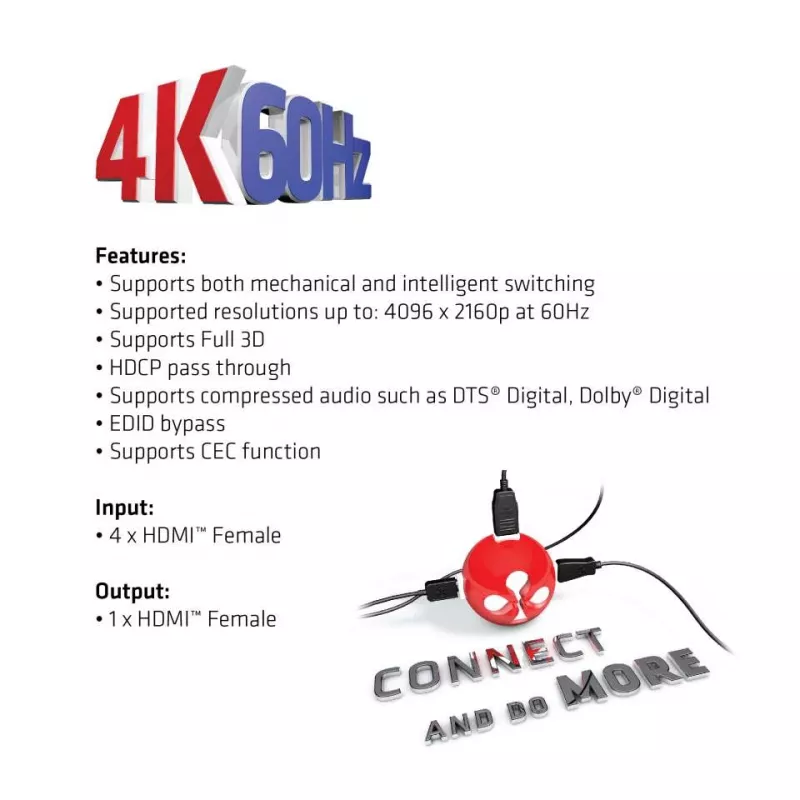 CLUB3D HDMI™ 2.0 UHD 4K60Hz SwitchBox 4 porti ja kaugjuhtimispuldiga