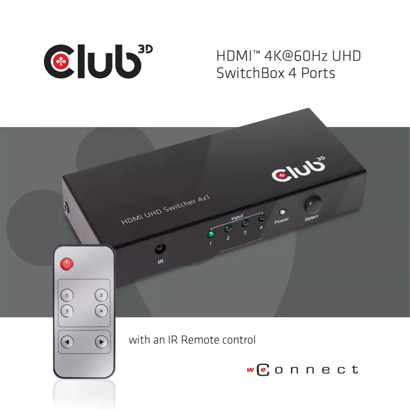 CLUB3D HDMI™ 2.0 UHD 4K60Hz SwitchBox 4 porti ja kaugjuhtimispuldiga