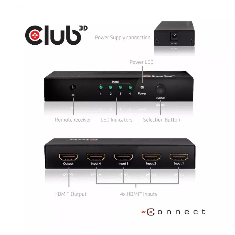 CLUB3D HDMI™ 2.0 UHD 4K60Hz SwitchBox 4 porti ja kaugjuhtimispuldiga