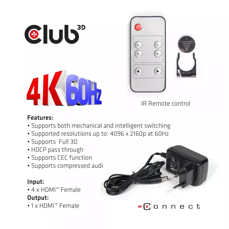 CLUB3D HDMI™ 2.0 UHD 4K60Hz SwitchBox 4 porti ja kaugjuhtimispuldiga