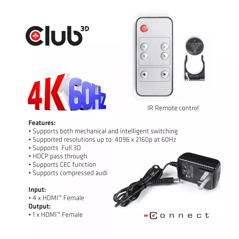CLUB3D HDMI™ 2.0 UHD 4K60Hz SwitchBox 4 porti ja kaugjuhtimispuldiga