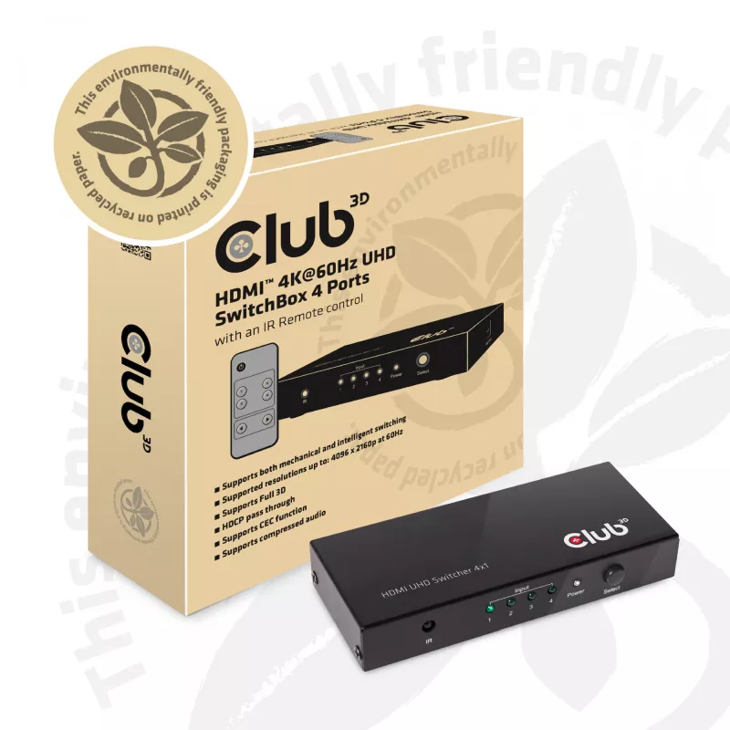CLUB3D HDMI™ 2.0 UHD 4K60Hz SwitchBox 4 porti ja kaugjuhtimispuldiga