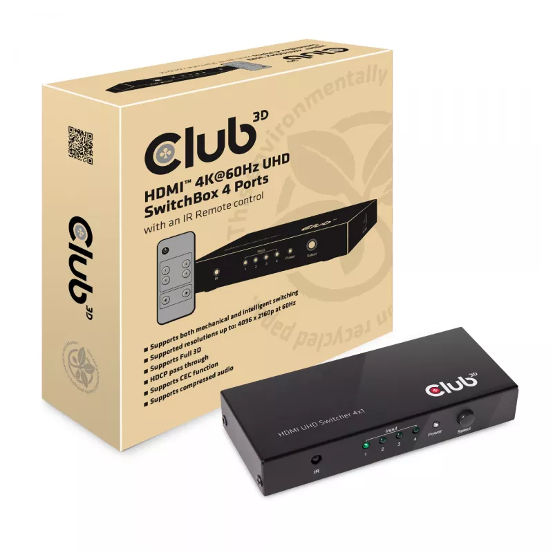 CLUB3D HDMI™ 2.0 UHD 4K60Hz SwitchBox 4 porti ja kaugjuhtimispuldiga
