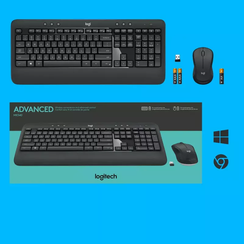 Juhtmeta klaviatuuri ja hiire komplekt Logitech MK540 Advanced — täissuuruses QWERTY-klaviatuur, USB-vastuvõtja, USA paigutus, ergonoomiline hiir, must/valge