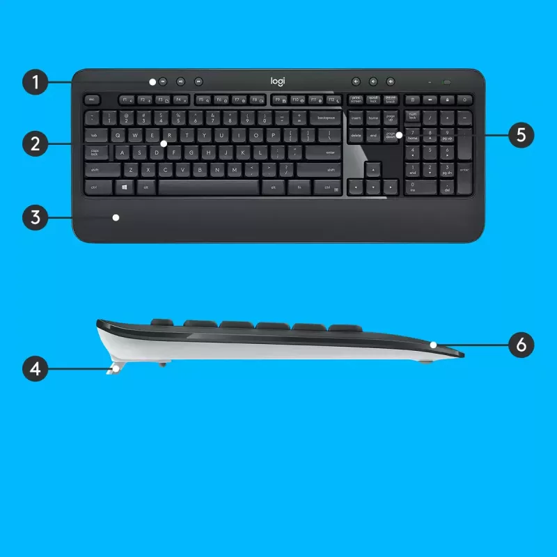 Juhtmeta klaviatuuri ja hiire komplekt Logitech MK540 Advanced — täissuuruses QWERTY-klaviatuur, USB-vastuvõtja, USA paigutus, ergonoomiline hiir, must/valge