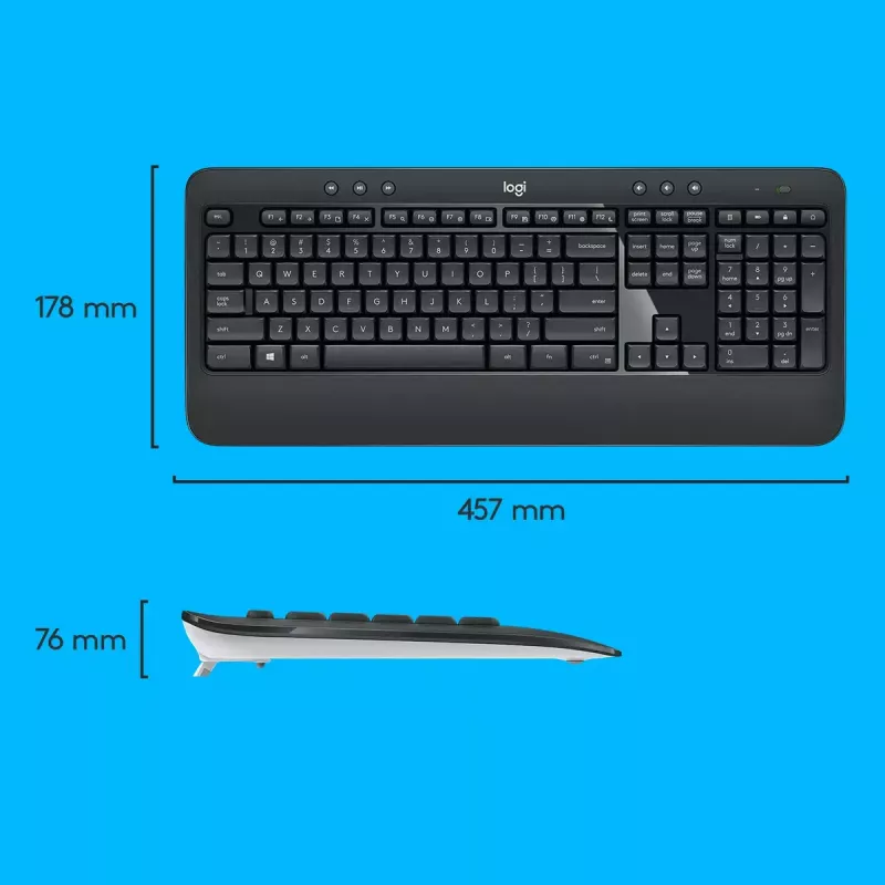 Juhtmeta klaviatuuri ja hiire komplekt Logitech MK540 Advanced — täissuuruses QWERTY-klaviatuur, USB-vastuvõtja, USA paigutus, ergonoomiline hiir, must/valge