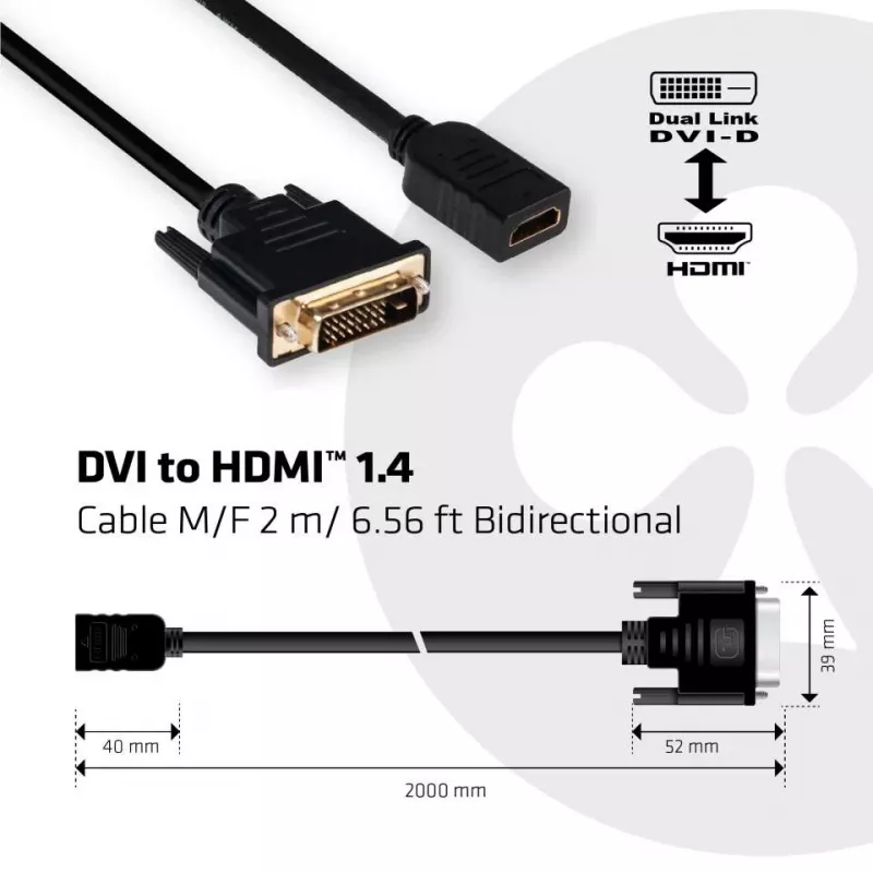 CLUB3D DVI-HDMI 1.4 kaabel M/F 2m/6.56ft kahesuunaline