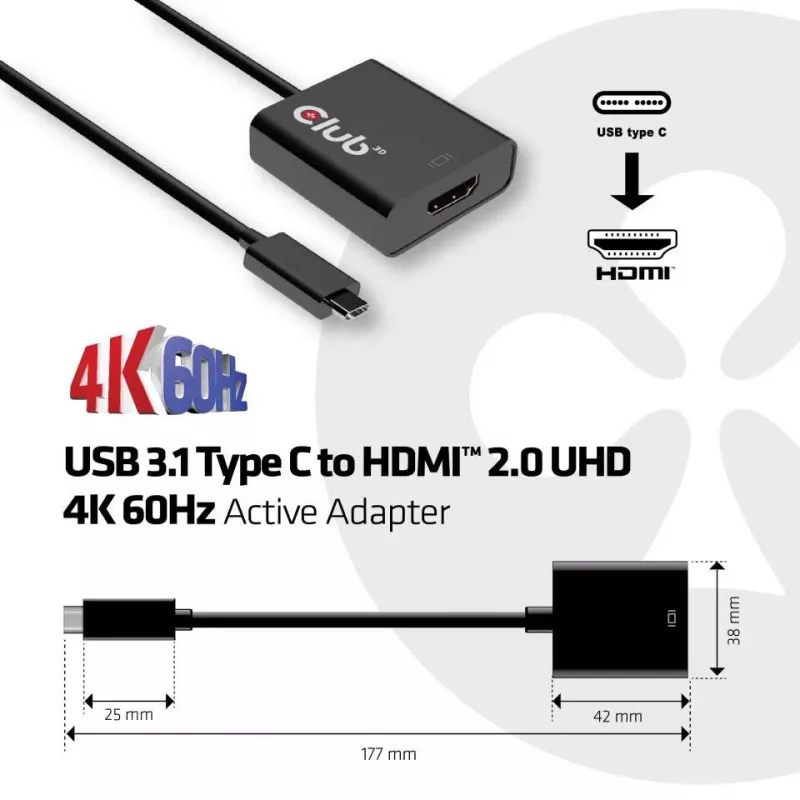 USB 3.1 Type-C to HDMI 2.0 UHD 4K 60Hz aktiivne adapter CLUB3D CAC-2504