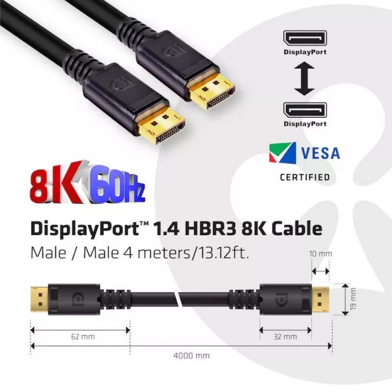 CLUB3D DisplayPort 1.4 HBR3 8K kaabel M/M 4 m /13.12 jalga, 4 m, DisplayPort, DisplayPort, Isane, Isane, 7680 x 4320 pikslit