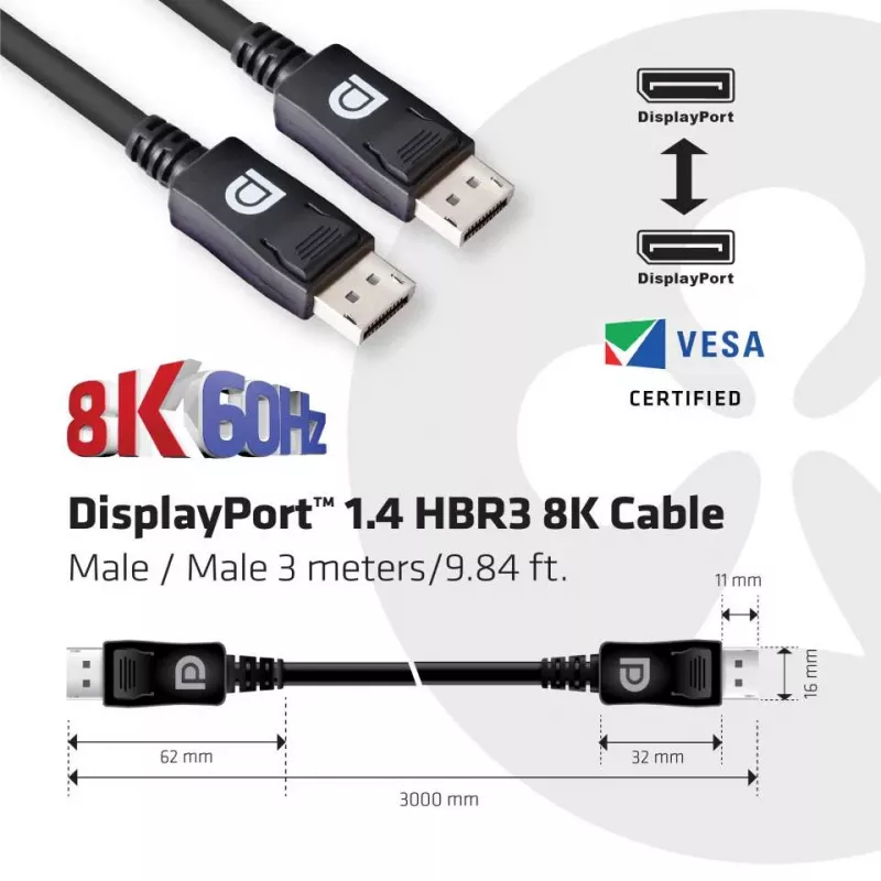 CLUB3D DisplayPort 1.4 HBR3 8K 28AWG kaabel M/M 3m /9.84 jalga