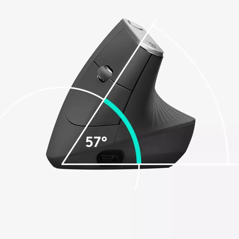 Ergonoomiline juhtmevaba hiir Logitech MX Vertical, MX Vertical, 4000 DPI, RF Wireless + Bluetooth, paremakäeline, Graphite, kontorikasutus