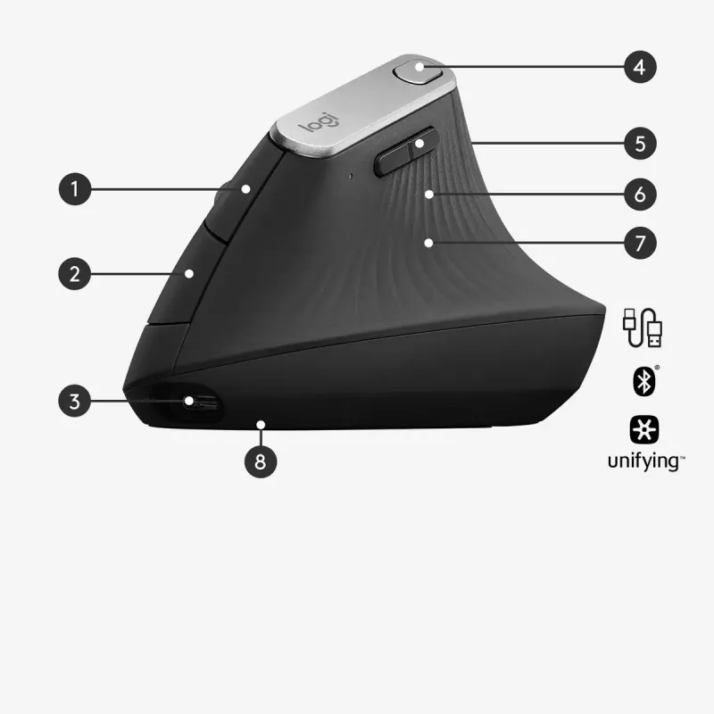 Ergonoomiline juhtmevaba hiir Logitech MX Vertical, MX Vertical, 4000 DPI, RF Wireless + Bluetooth, paremakäeline, Graphite, kontorikasutus