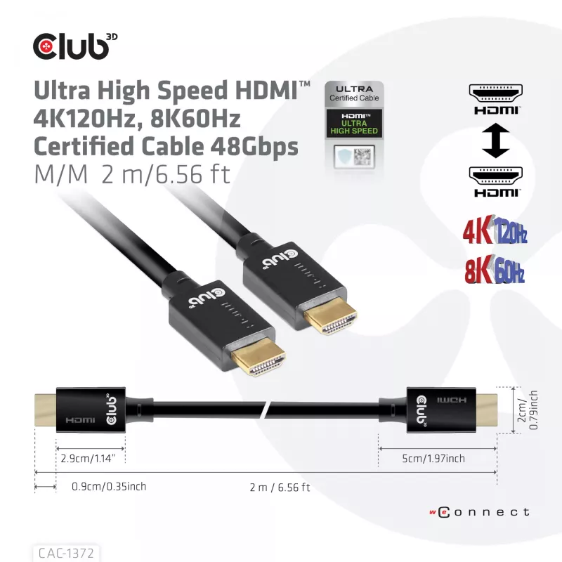 CLUB3D Ultra High Speed HDMI 4K120Hz, 8K60Hz Certified kaabel 48Gbps M/M 2 m / 6.56 ft