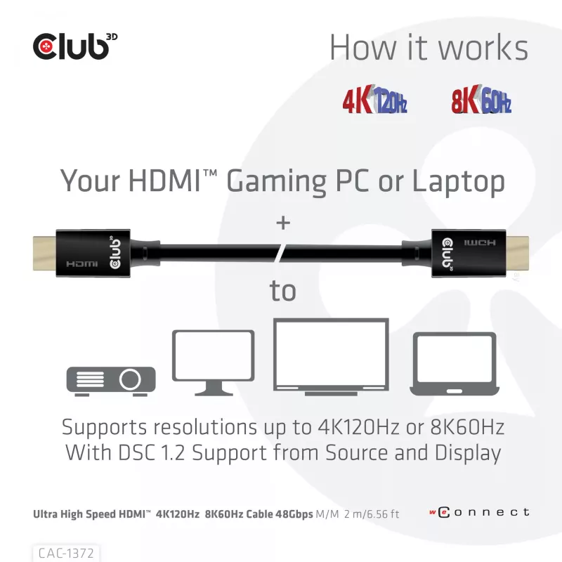 CLUB3D Ultra High Speed HDMI 4K120Hz, 8K60Hz Certified kaabel 48Gbps M/M 2 m / 6.56 ft
