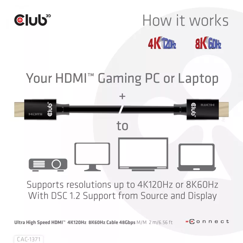CLUB3D Ultra High Speed HDMI 4K120Hz, 8K60Hz sertifitseeritud kaabel 48Gbps M/M 1 m/3.28 ft
