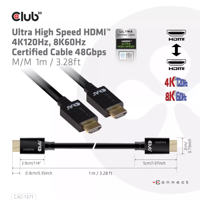 CLUB3D Ultra High Speed HDMI 4K120Hz, 8K60Hz sertifitseeritud kaabel 48Gbps M/M 1 m/3.28 ft
