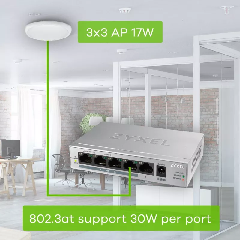 Zyxel GS1005HP Haldamata gigabitine Ethernet (10/100/1000) toite üle Etherneti (PoE) hõbedane