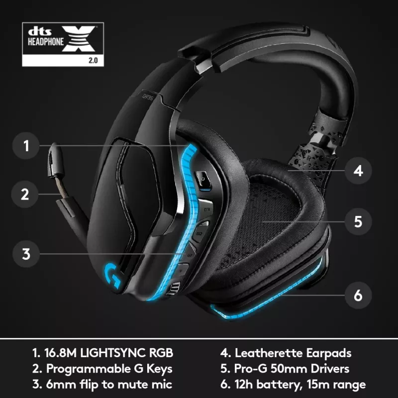 LOGITECH G935 Juhtmevaba 7.1 Ruumiline Heli Lightsync Mängurikõrvaklapid - 2,4 GHz