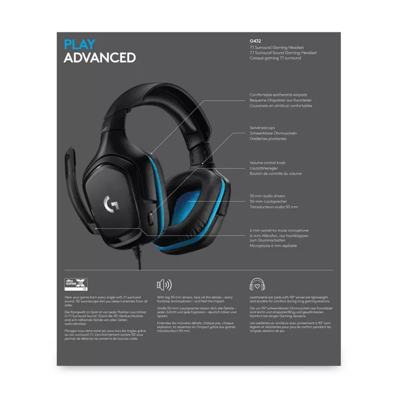 LOGITECH G432 - USB / 3.5mm - mängukõrvaklapid - 7.1 Surround - sinine