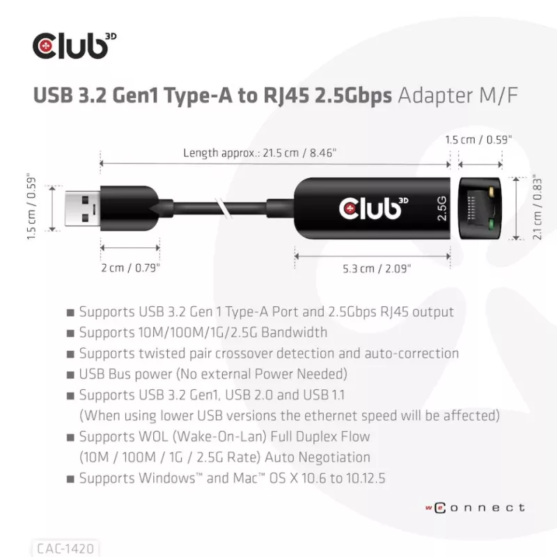 CLUB3D USB 3.2 Gen1 Tüüp A - RJ45 2.5Gbps adapter