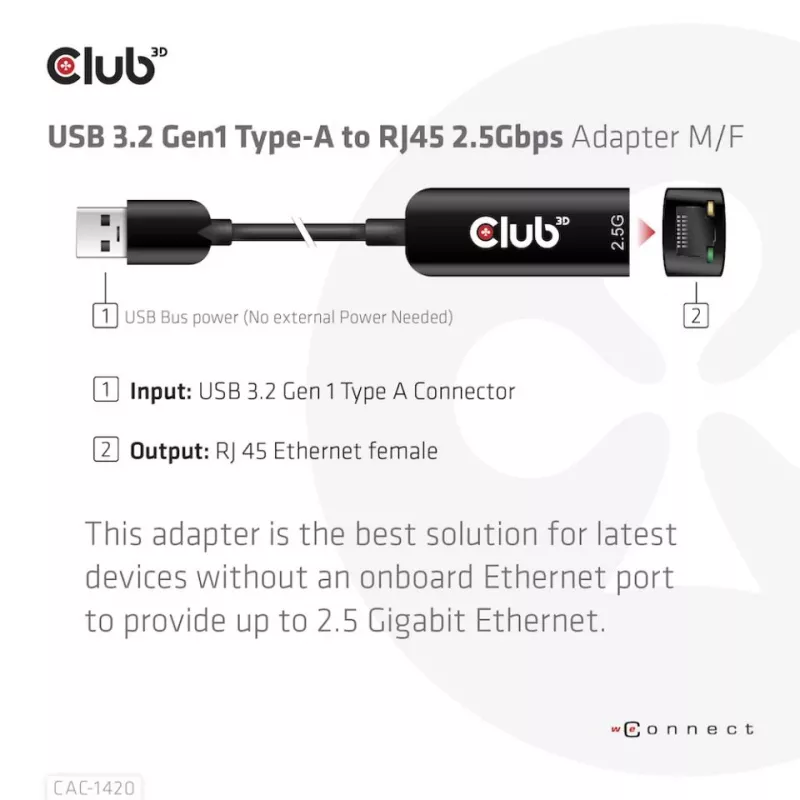 CLUB3D USB 3.2 Gen1 Tüüp A - RJ45 2.5Gbps adapter