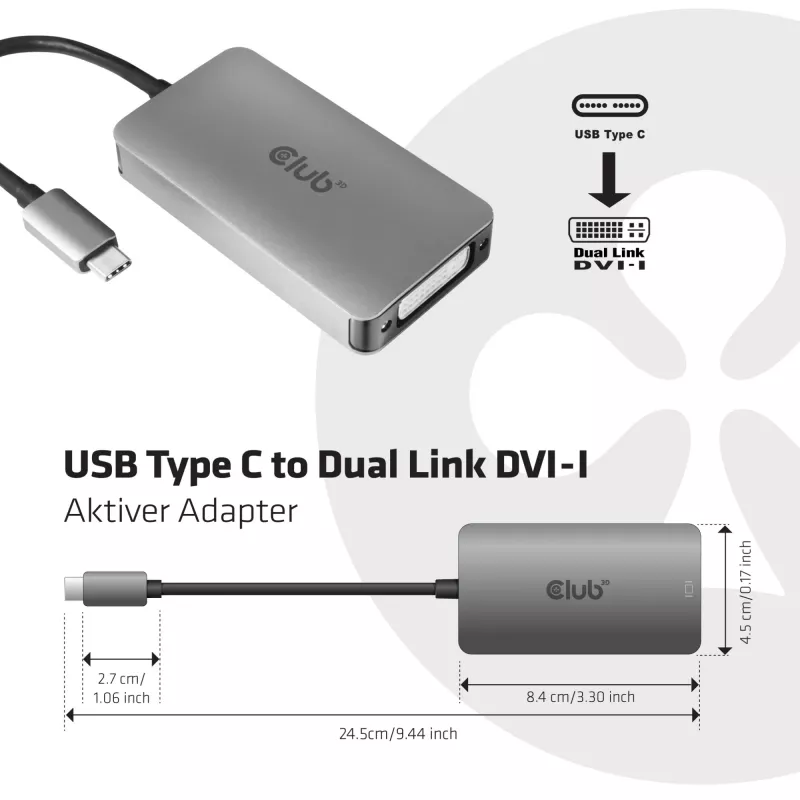 CLUB3D USB3.2 Gen1 Type-C Dual Link DVI-D HDCP ON versiooniga aktiivadapter M/F