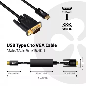 USB Type C to VGA Active kaabel M/M CLUB3D CAC-1512 5m