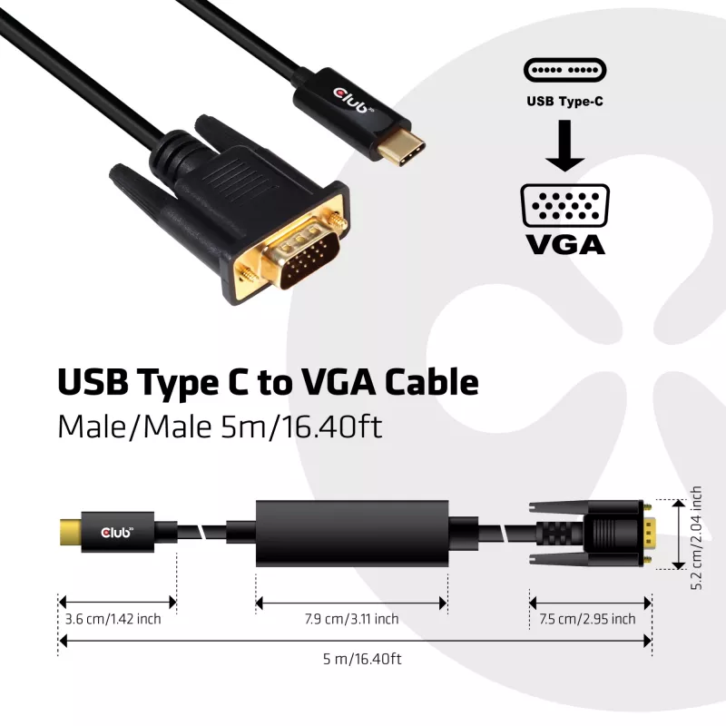 USB Type C to VGA Active kaabel M/M CLUB3D CAC-1512 5m