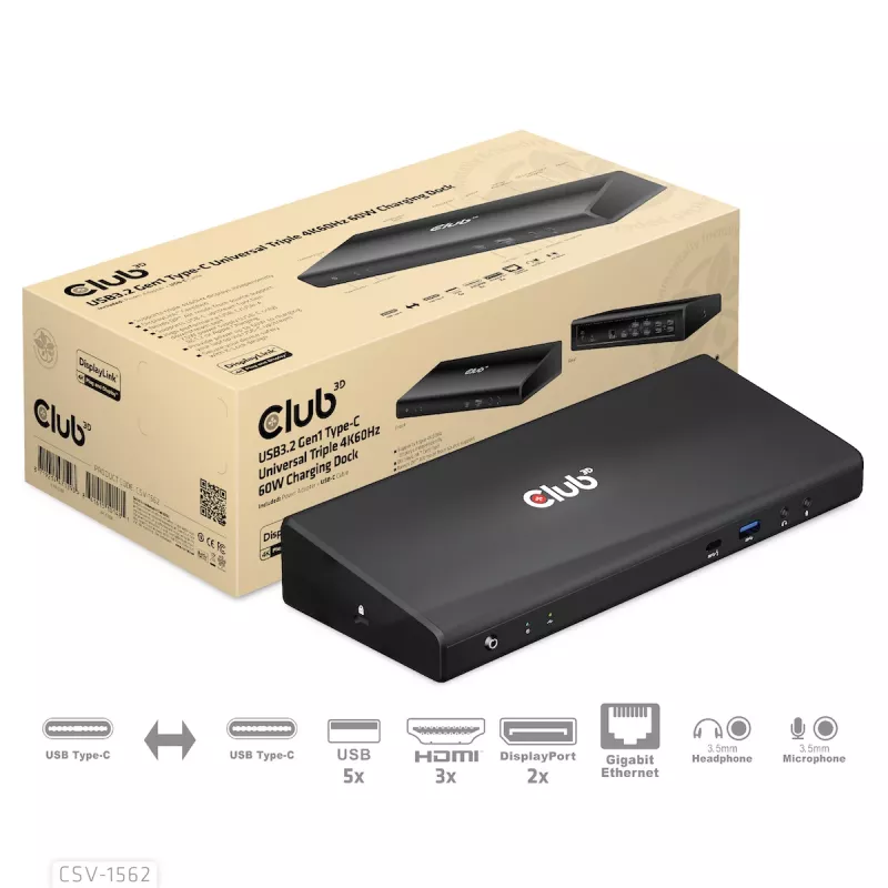 CLUB3D CSV-1562 on USB3.2 Gen1 Type-C universaalne kolmekordne 4K30Hz laadimisdokkimisjaam, mis on DisplayLink® sertifitseeritud. Universaalne laadimisdokk