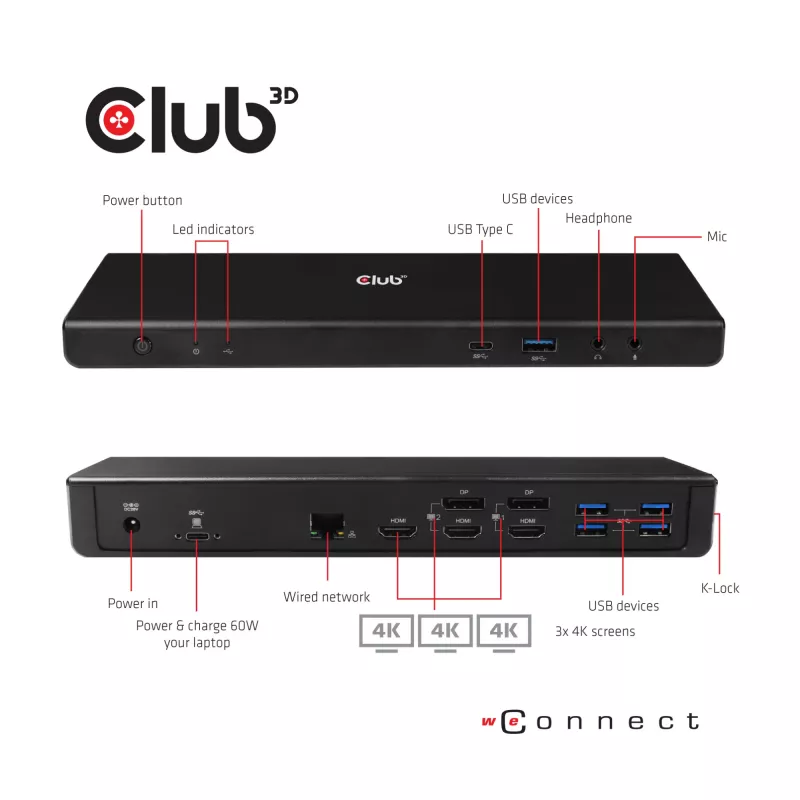 CLUB3D CSV-1562 on USB3.2 Gen1 Type-C universaalne kolmekordne 4K30Hz laadimisdokkimisjaam, mis on DisplayLink® sertifitseeritud. Universaalne laadimisdokk