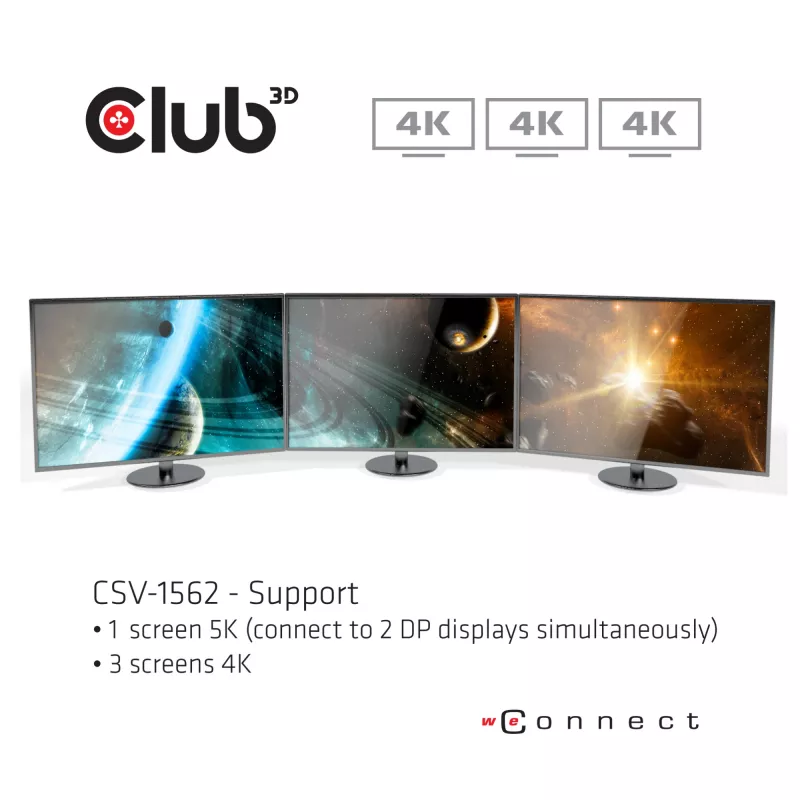 CLUB3D CSV-1562 on USB3.2 Gen1 Type-C universaalne kolmekordne 4K30Hz laadimisdokkimisjaam, mis on DisplayLink® sertifitseeritud. Universaalne laadimisdokk